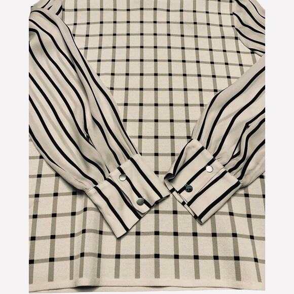 EUC Per Se by Carlisle Window Pane Plaid Cream Black top w/ Semi Sheer Sleeve XL - Picture 6 of 8